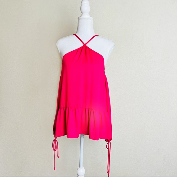 Sienna Sky Fuchsia Cold Shoulder Halter Ruffle Drop Waist Long Sleeve Blouse - Picture 1 of 12